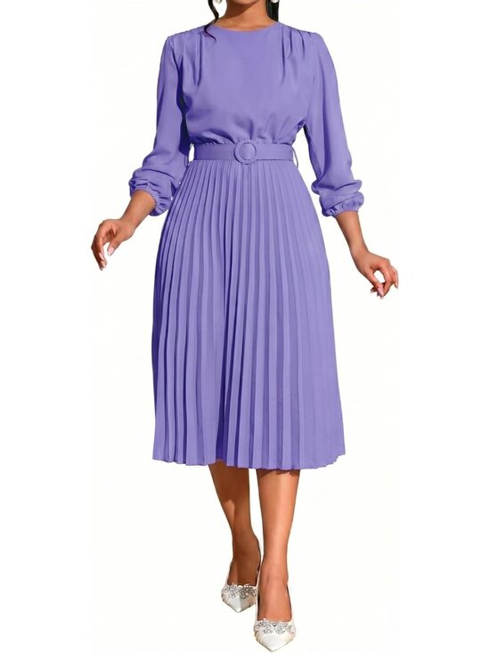 Dresses & Skirts - 🆕Women's Purple Pleated Midi Dress Long Sleeve Semi Formal Dress Casual